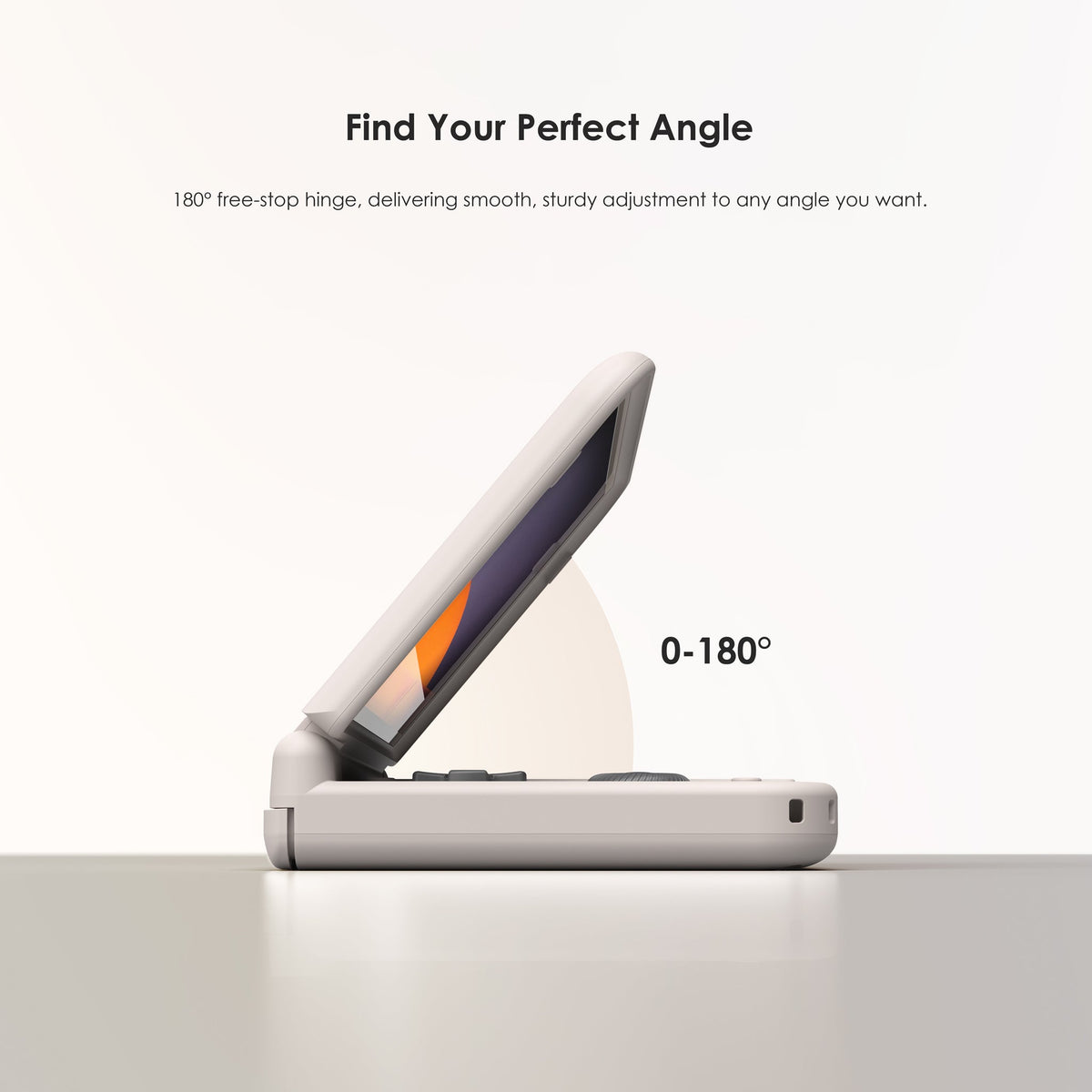 Retroid Pocket Duo Lite katlanabilir oyun konsolunun 0–180 derece ayarlanabilen ekran menteşesi.