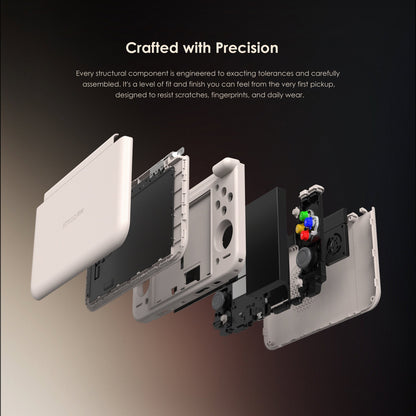 Retroid Pocket Duo Lite çift ekranlı el konsolunun kasa, ekran ve iç bileşenlerini gösteren parçalı görünümü.