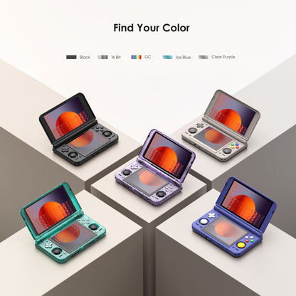 Retroid Pocket Duo Lite taşınabilir oyun konsolunun Black, 16 Bit, GC, Ice Blue ve Clear Purple renk seçenekleri.