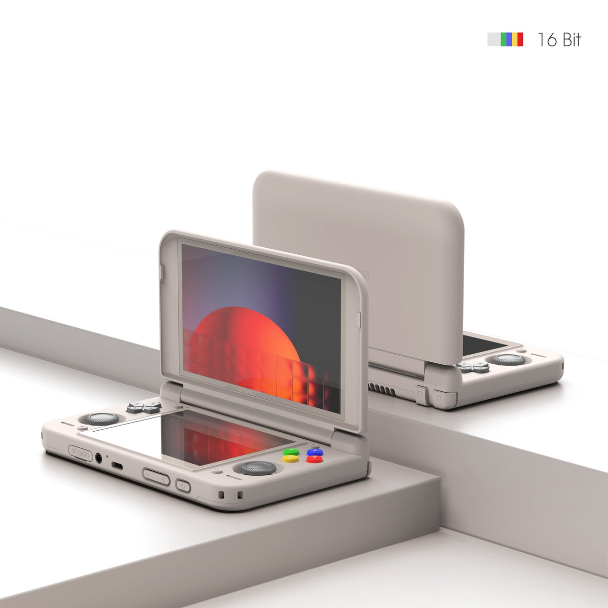 16 Bit renkli Retroid Pocket Duo Lite taşınabilir oyun konsolunun açık halde ön ve arka görünümü.


