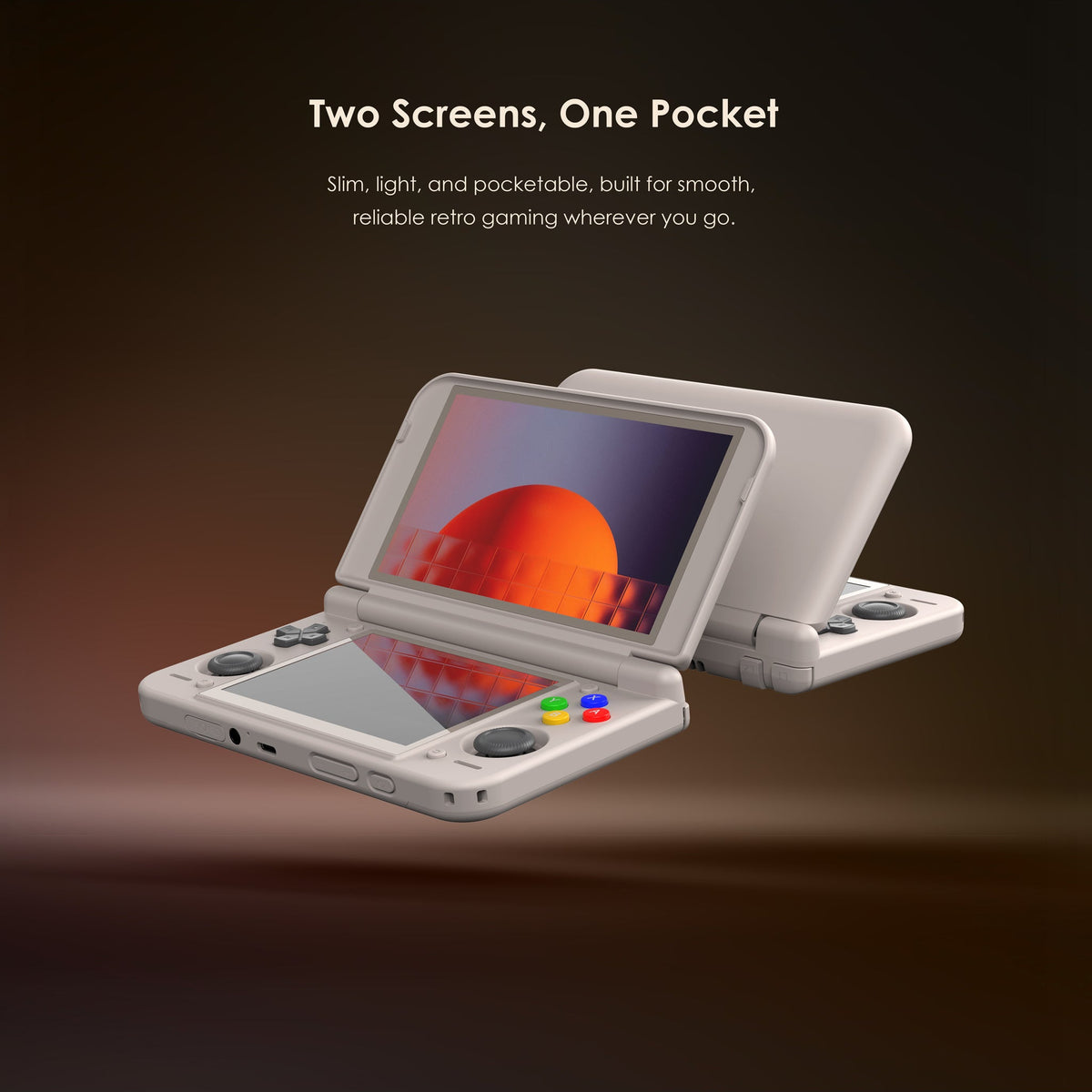 Retroid Pocket Duo Lite çift ekranlı taşınabilir oyun konsolunun açık halde ön ve arka görünümü.
