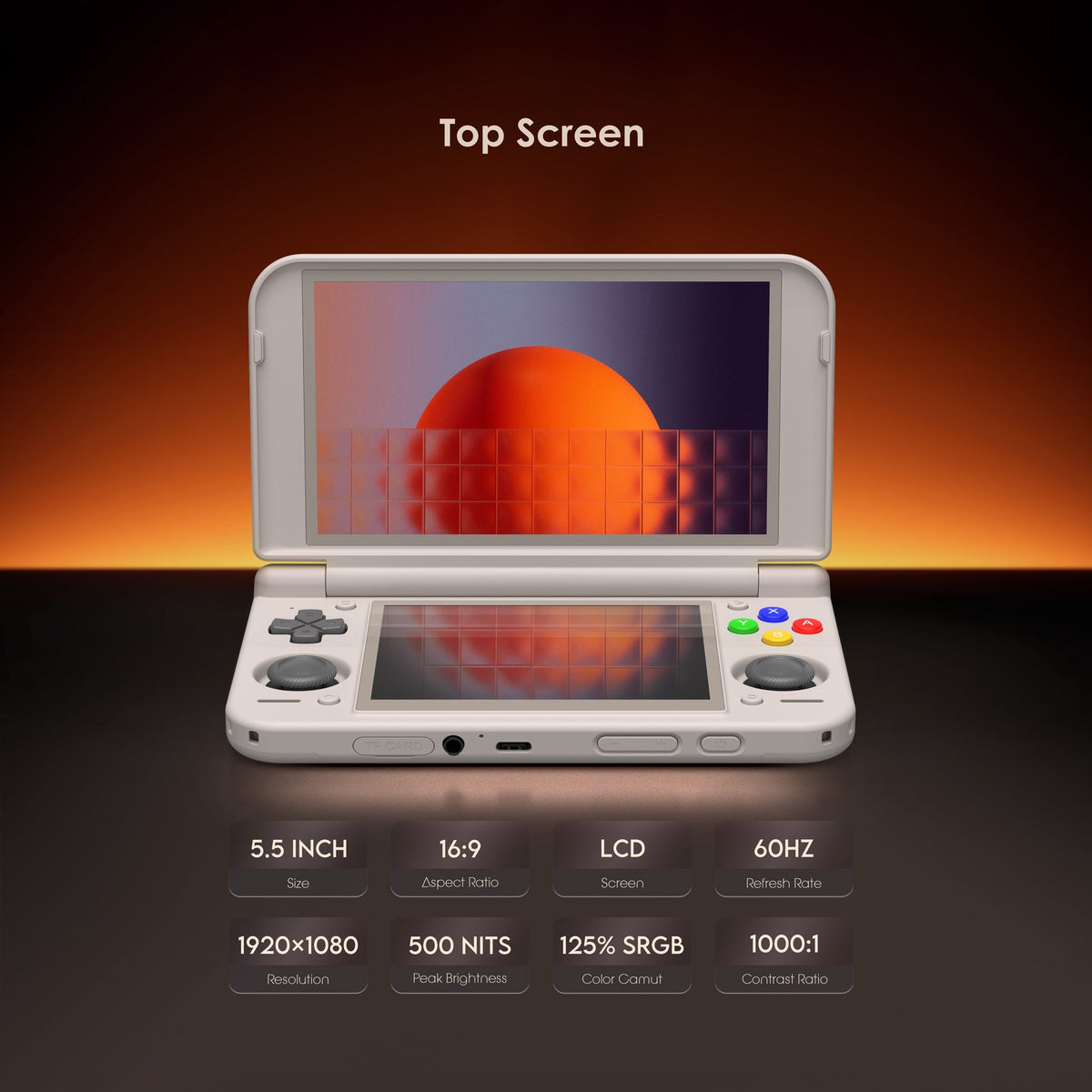 Retroid Pocket Duo Lite çift ekranlı el konsolunun ince ekran çerçeveleri ve masa üzerindeki görünümü.