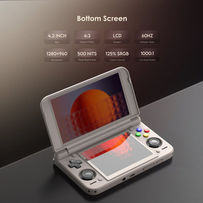 Retroid Pocket Duo Lite çift ekranlı oyun konsolunun 4,2 inç, 1280 × 960 çözünürlüklü alt LCD ekranı.