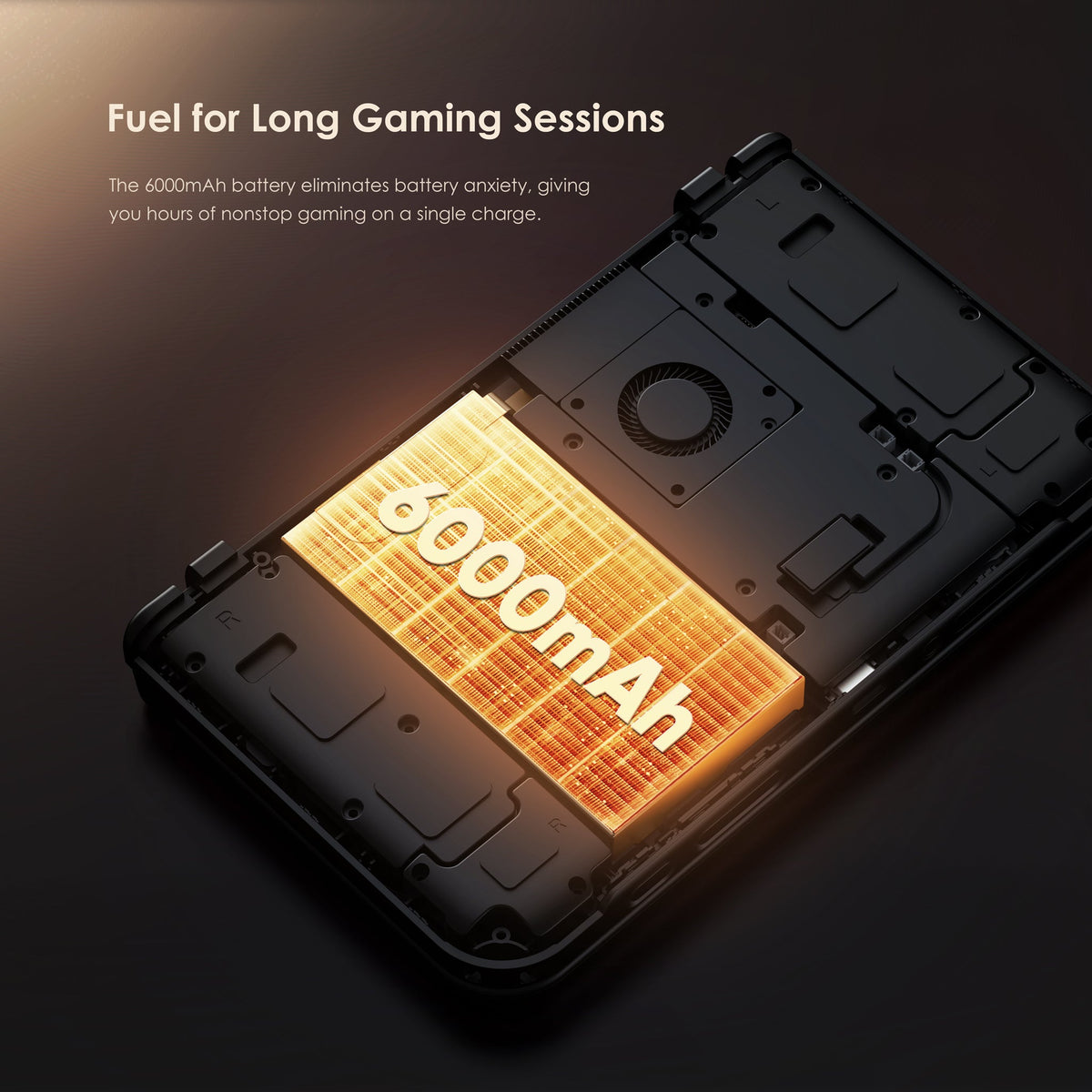 Retroid Pocket Duo Lite taşınabilir oyun konsolunun 6000 mAh bataryasını gösteren iç yapı görseli.