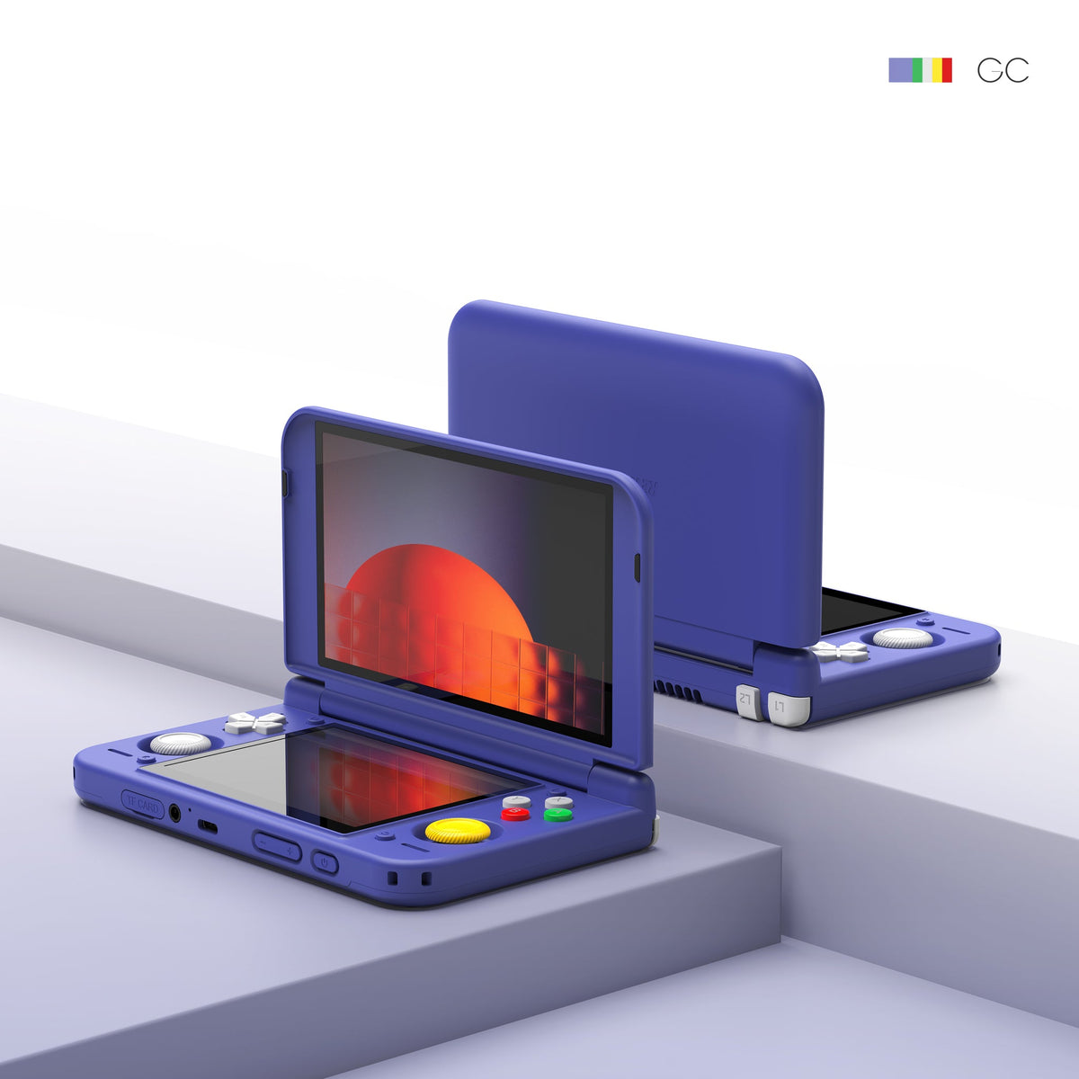 GC renkli Retroid Pocket Duo Lite çift ekranlı el konsolunun açık halde ön ve arka görünümü.