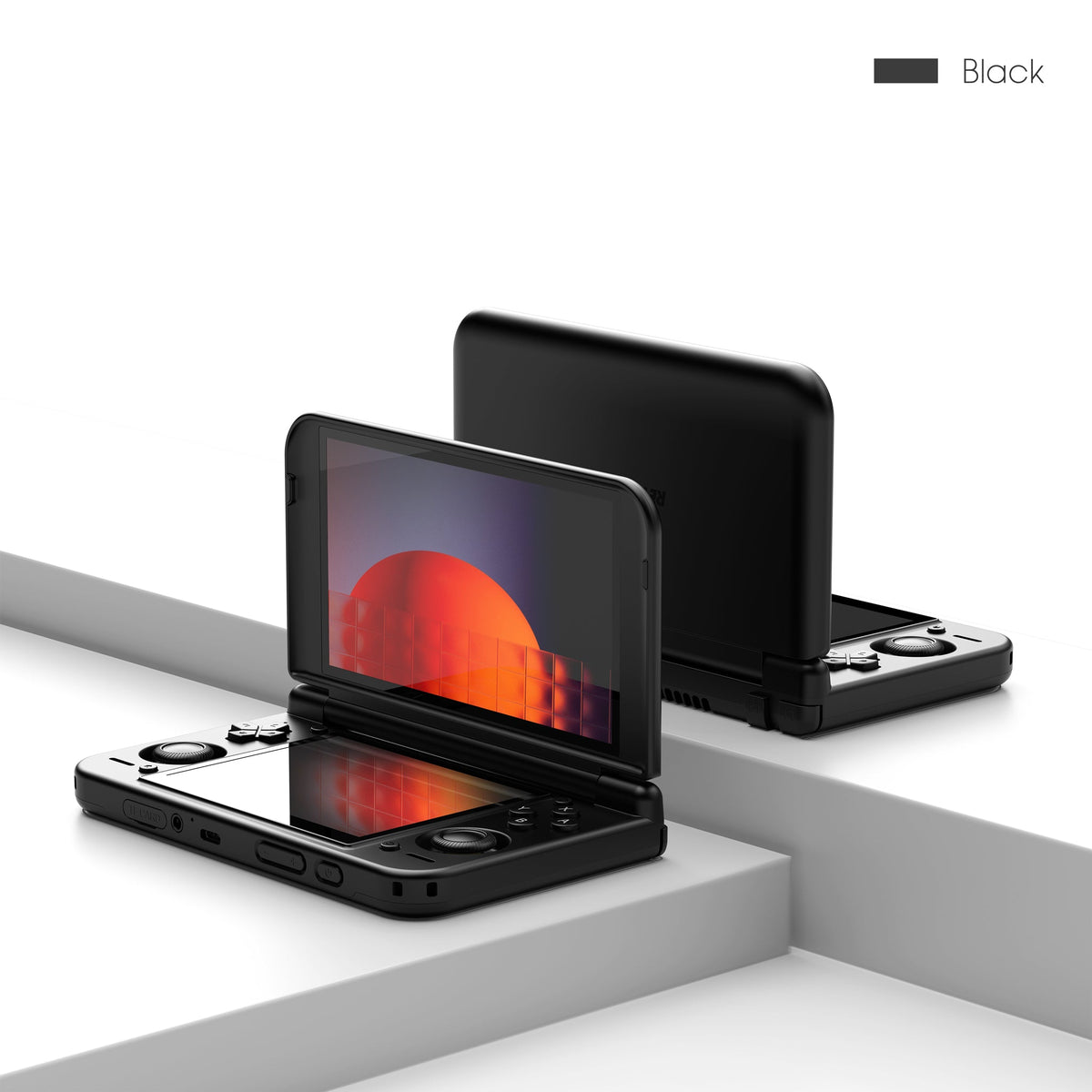 Siyah Retroid Pocket Duo Lite çift ekranlı Android oyun konsolunun açık halde ön ve arka görünümü.