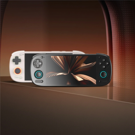 Retroid Pocket 5 consoles de jogos portáteis brancos e cinza escuro com tela OLED