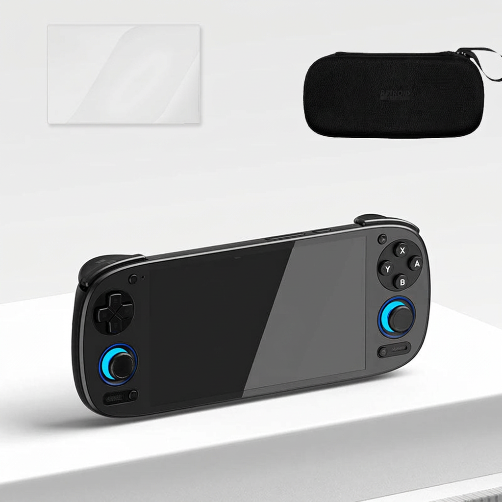 Retroid Pocket 5 siyah el tipi oyun konsolu, temperli cam ekran koruyucu ve saklama çantası