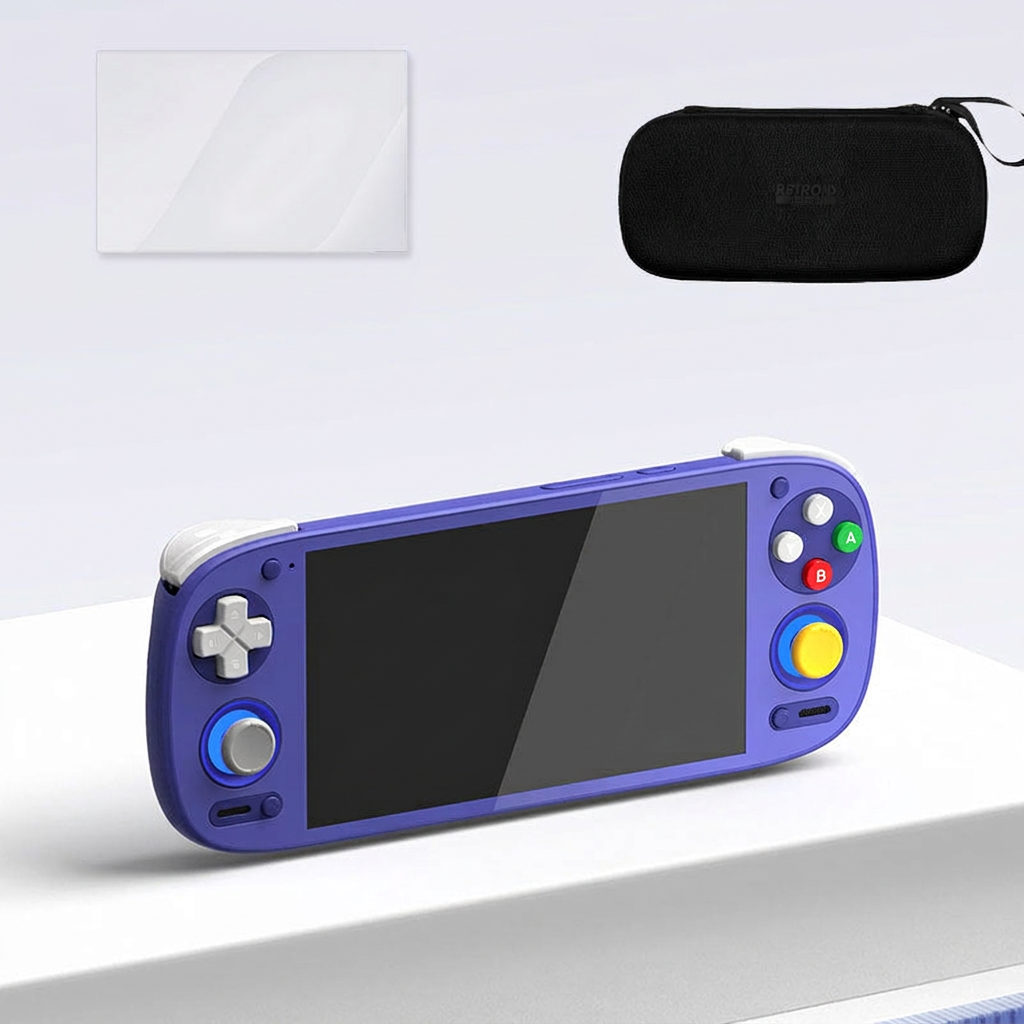Retroid Pocket 5 GC mor el tipi oyun konsolu, temperli cam ekran koruyucu ve saklama çantası