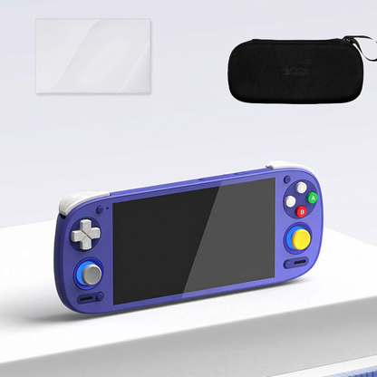 Retroid Pocket 5 GC mor el tipi oyun konsolu, temperli cam ekran koruyucu ve saklama çantası
